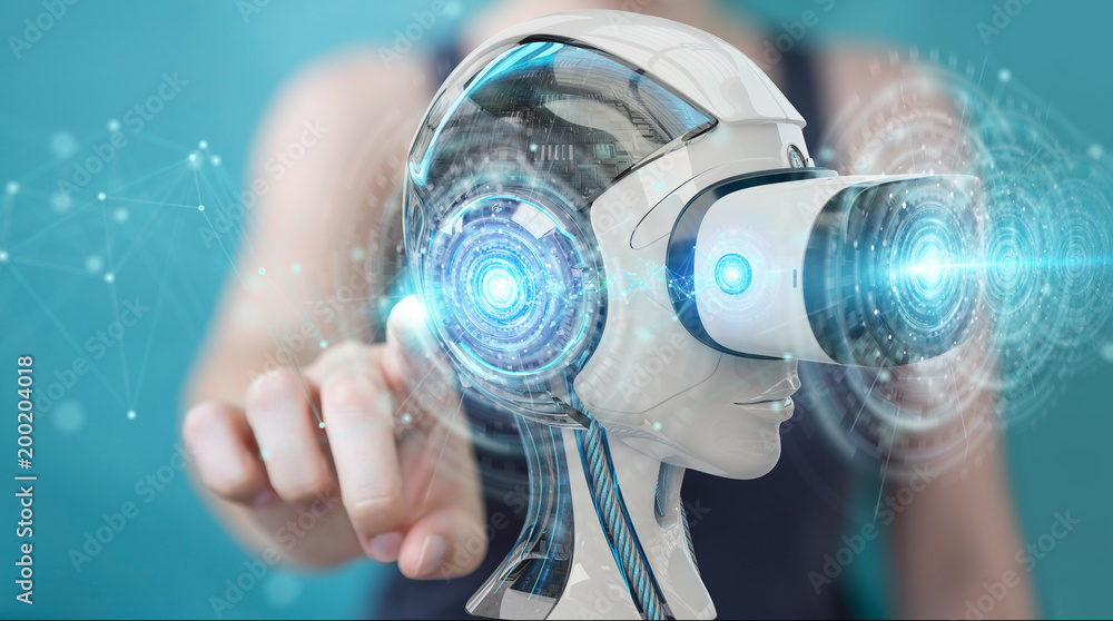 Poster businesswoman using virtual reality and artificial intelligence 3d rendering