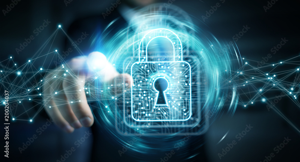 Poster businessman using digital padlock with data protection 3d rendering