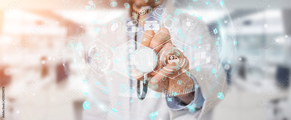 Aufkleber doctor using digital medical futuristic interface 3d rendering