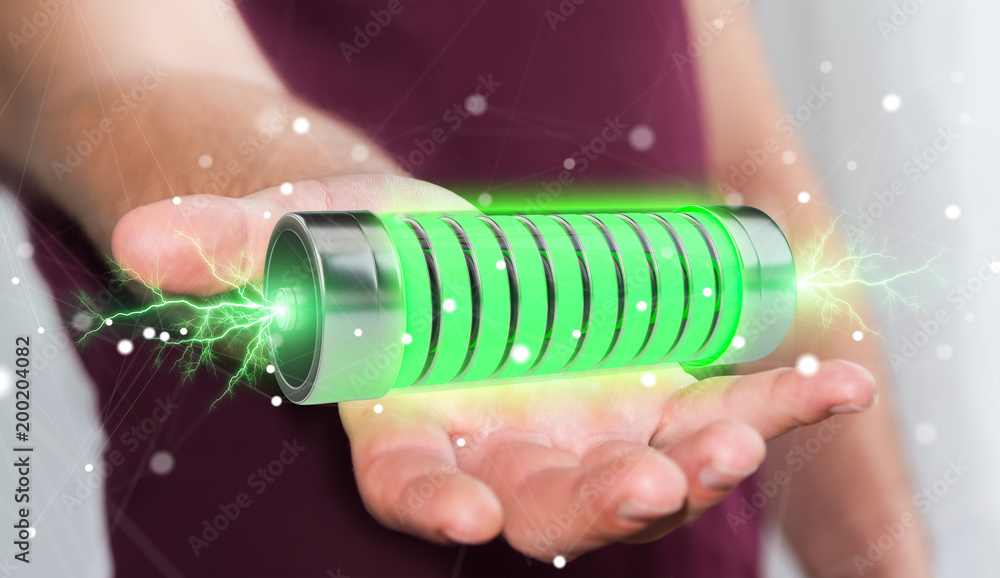 Poster businessman using green battery with lightnings 3d rendering