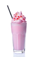 Printed kitchen splashbacks Milkshake Crazy pink milk shake with whipped cream, sprinkles and black straw in glass