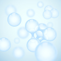 Vector abstract light blue glossy molecule design. Atoms illustration. Medical background for science banner or flyer. Molecular structure with 3d spherical particles looks like water or air.