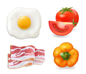 Scrambled eggs, bacon, tomato pepper. Omelette, fried eggs ingredients