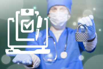 Medical Digital Compliance Work. Security Compliance Medicine concept. Doctor offers padlock and...