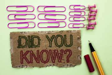 Handwriting text writing Did You Know Question. Concept meaning Were Informed Learn something new Give Information written on Tear Cardboard Piece on plain background Marker and Pins next to it.