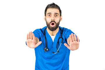 angry doctor shows a stop gesture. isolated on white background.