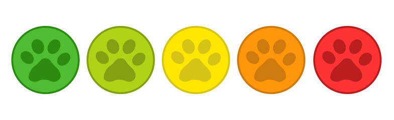 Fototapeta premium Product Rating System - 5 Animal Paw Buttons From Green To Red - Vector Illustration - Isolated On White Background