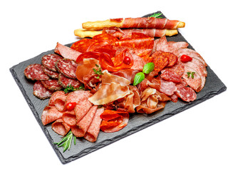 Cold meat plate with salami and chorizo sausage and parma