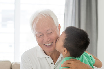 Grandchild kissing grandfather
