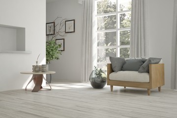 Idea of white room with armchair and summer landscape in window. Scandinavian interior design. 3D illustration