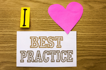 Word writing text Best Practice. Business concept for Better Strategies Quality Solutions Successful Methods written on Sticky Note Paper on the wooden background Pink Heart next to it.