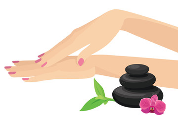 Obraz na płótnie Canvas Beautiful Woman Hands Touching Manicure Spa with Stacked Black Stones, Bamboo and Orchid Vector Design Elements Isolated on White