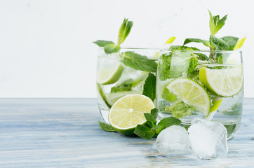 Fresh cold summer beverage gin and tonic with lime, leaf mint, straw, ice cubes, soda on light  white background.