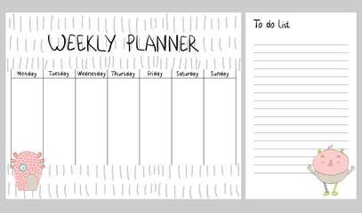 Hand drawing vector weekly planner with monsters.