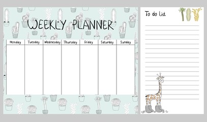Hand drawing vector weekly planner with cactuses and giraffe.