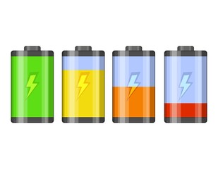 Set of battery level indicator vector icons. Glossy transparent Battery with lightning isolated on white background. Vector illustration
