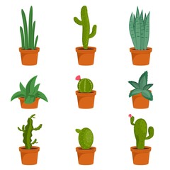 Set of cactus houseplants in flower pots. Cactus icons in a flat style on a white background. Succulent plants. Vector illustration