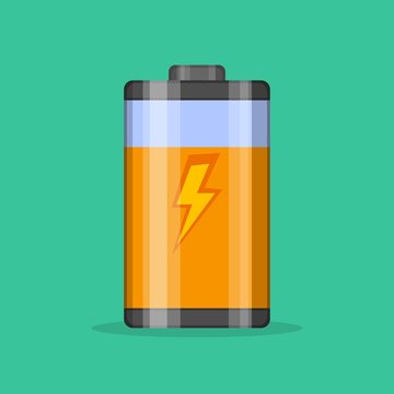 Battery level indicator vector icon in flat style. Glossy transparent Battery with lightning on green background. Vector illustration