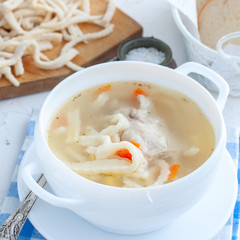 Chicken soup with homemade noodles, square