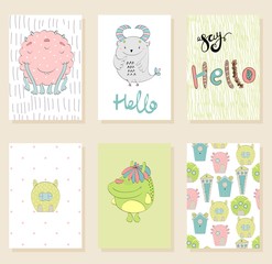 Set of cute cartoon monsters greeting or invitation cards.