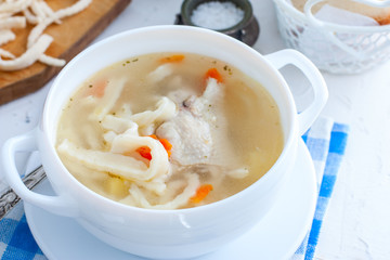 Chicken homemade noodle soup, horizontal