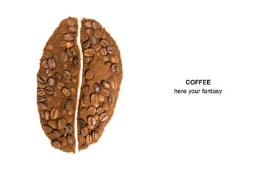 Coffee beans on white background.Mixed with instant coffee.