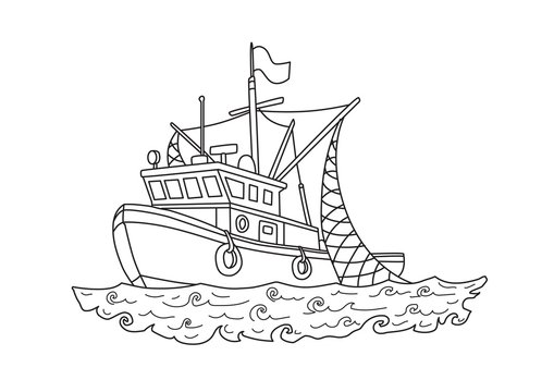 Fishing boat in the sea. Contour vector illustration for coloring book, isolated on white background.