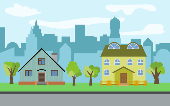 Vector city with two two-story cartoon houses and green trees in the sunny day. Summer urban landscape. Street view with cityscape on a background
