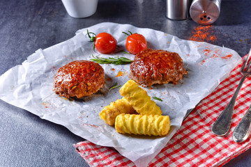 vegetable French fries with herb quark and tomatoes