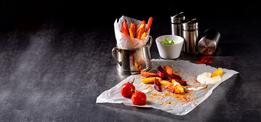 vegetable French fries with herb quark and tomatoes