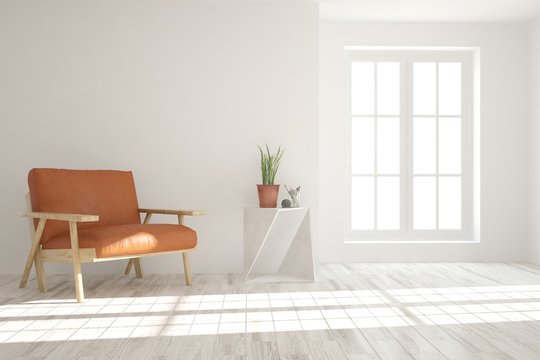 Inspiration of white minimalist room with orange armchair. Scandinavian interior design. 3D illustration