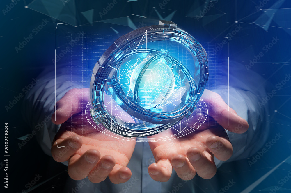 Poster hologram made of wheel with a futuristic data interface - 3d rendering