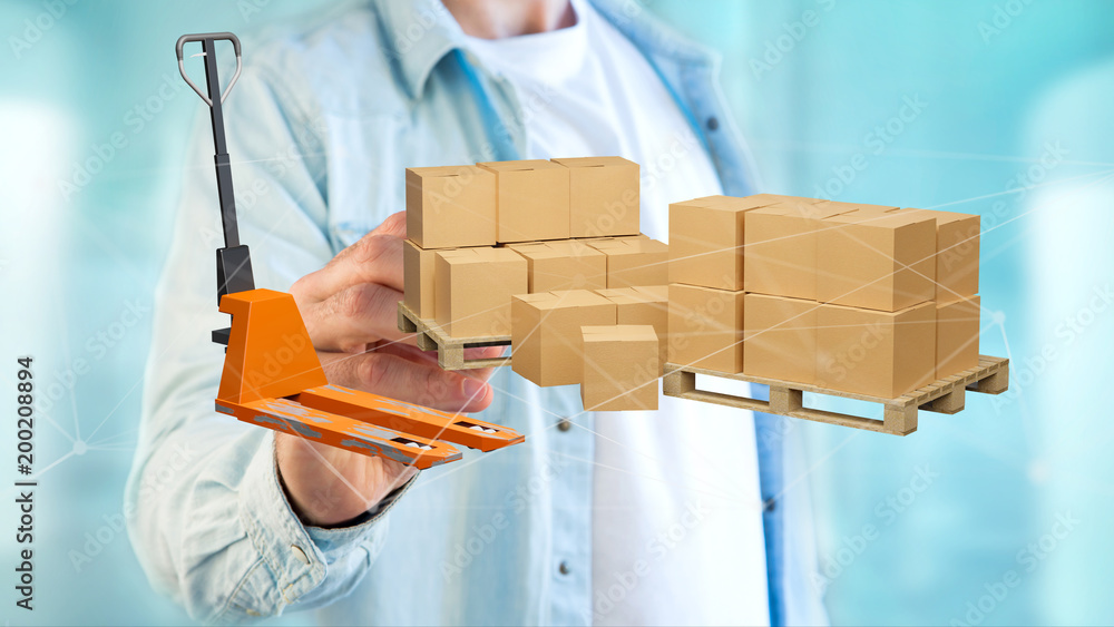 Poster pallet truck and carboxes with network connection system - 3d render
