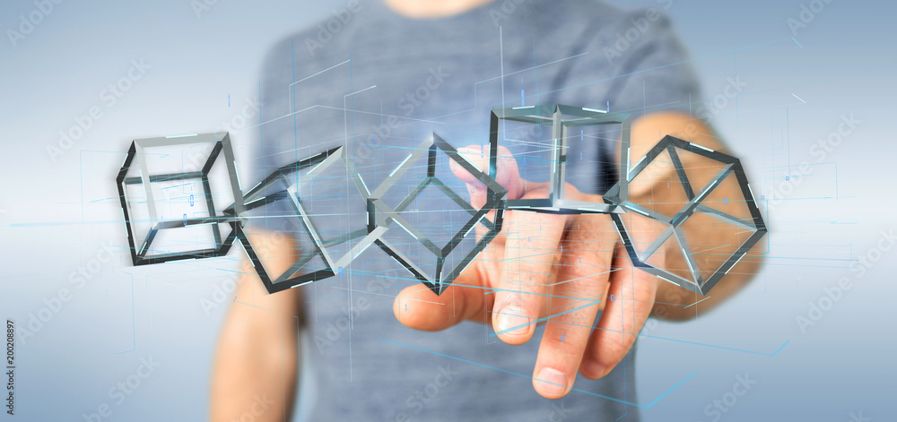 Poster man holding a 3d rendering blockchain cube isolated on a background