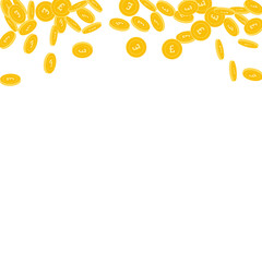 British pound coins falling. Scattered small GBP coins on white background. Exotic abstract top border vector illustration. Jackpot or success concept.
