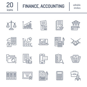 Financial accounting flat line icons. Bookkeeping, tax optimization, firm dissolution, accountant outsourcing, payroll, real estate crediting. Accountancy finance thin linear signs for legal services.