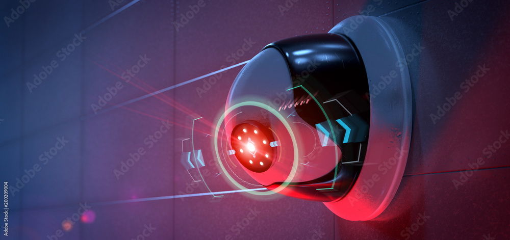Poster security camera targeting a detected intrusion - 3d renderinga