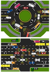 Movement of autonomous smart machines. Scanning roads, interaction. Automatic stops and traffic in a circle, crossing and along a straight road. illustration.