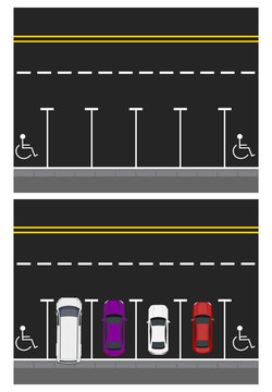 Two pictures. Colored parked cars, road, top view. free places, places for disabled people. illustration