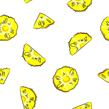 vector bright colorful yellow green pineapple fruit slices  childish hand drawn set seamless pattern