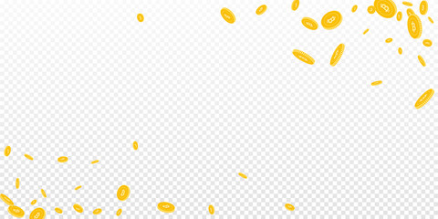 Bitcoin, internet currency coins falling. Scattered disorderly BTC coins on transparent background. Wonderful wide corners vector illustration. Jackpot or success concept.