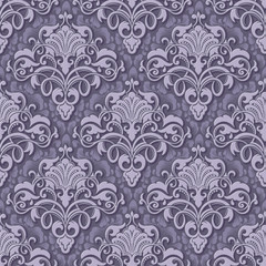 Fototapeta premium Vector volumetric damask seamless pattern background. Elegant luxury embossed texture for wallpapers, backgrounds and page fill. 3D elements with shadows and highlights.