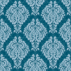 Vector volumetric damask seamless pattern background. Elegant luxury embossed texture for wallpapers, backgrounds and page fill. 3D elements with shadows and highlights.