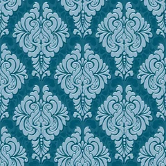 Behang Vector volumetric damask seamless pattern background. Elegant luxury embossed texture for wallpapers, backgrounds and page fill. 3D elements with shadows and highlights. © garrykillian