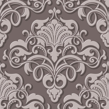 Vector volumetric damask seamless pattern element. Elegant luxury embossed texture for wallpapers, backgrounds and page fill. 3D elements with shadows and highlights.