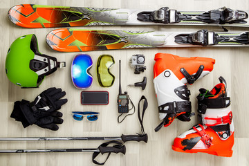 Image of skier objects on a wooden background.