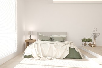 Fototapeta na wymiar Idea of white minimalist bedroom. Scandinavian interior design. 3D illustration