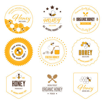 Honey bee label and sticker banner. Logo element natural product flat design.