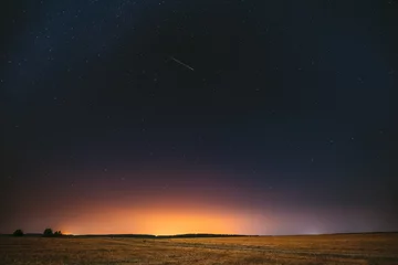Papier Peint photo Lavable Nuit Natural Night Starry Sky Above Field Meadow. Glowing Stars, Meteorite