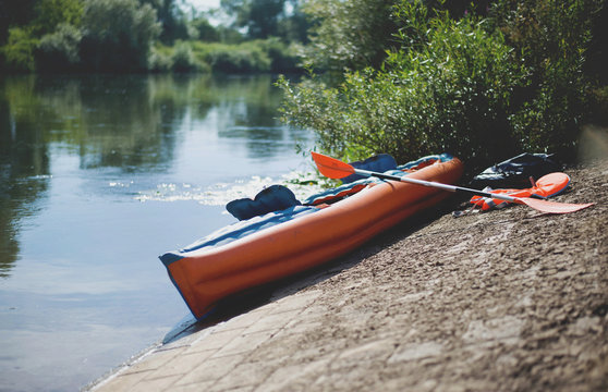 The Kayak on the Bank of River in Nature. Specifically: River Mohan in Germany.